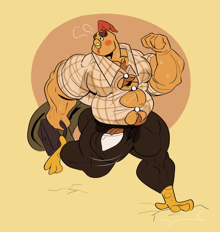 big_bulge big_muscles buck_cluck bulge chicken chicken_little clothed clothing disney huge_bulge huge_muscles male male_chicken muscle muscles muscular muscular_male penis running simple_background unzipped unzipped_pants vaniwall vein veiny_penis