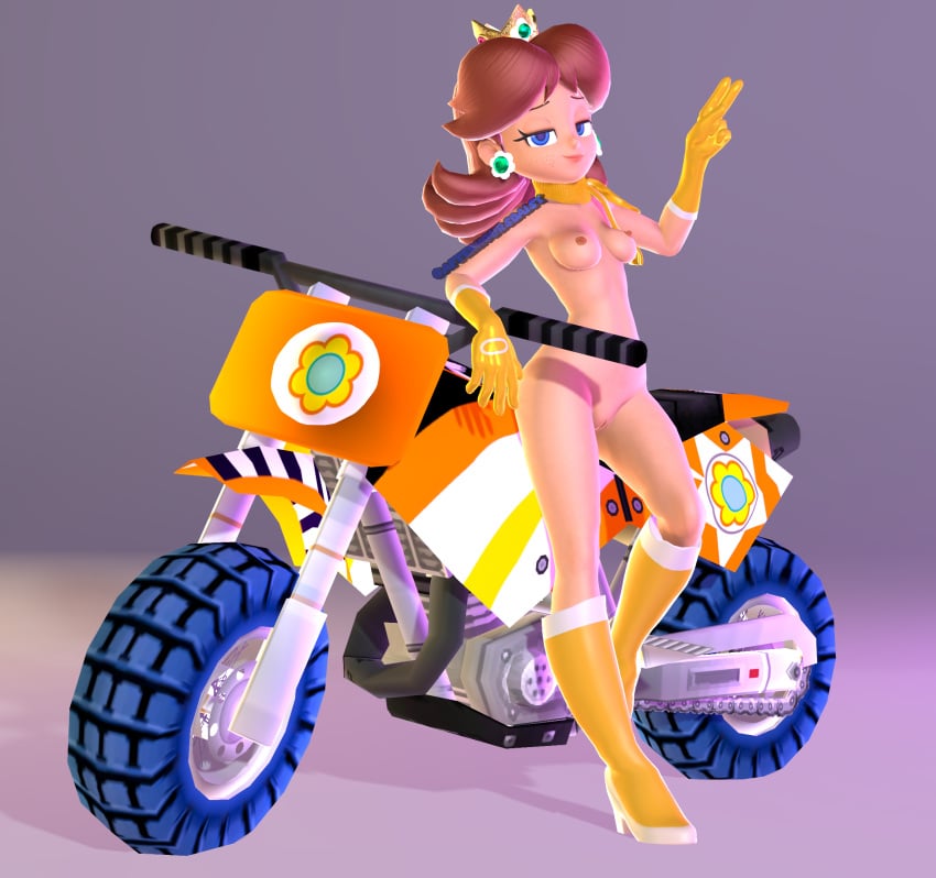 1girls 3d afterhoursdaisy boots breasts casual dark_skin exposed_torso female footwear handwear human mario_(series) mario_kart motorcycle naked_footwear neckwear nintendo pose posing princess_daisy scarf tan_body