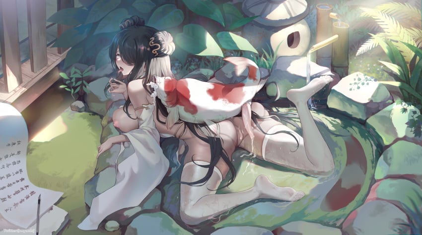 after_vaginal ahe_gao ass azur_lane black_hair breasts calligraphy calligraphy_brush censored china_dress chinese_clothes chinese_commentary dark-skinned_female dark_skin detached_sleeves double_bun dress female feral fish from_above full_body green_eyes hair_bun hair_over_one_eye highres large_breasts long_hair lying mixed-language_commentary mosaic_censoring nipples northampton_(azur_lane) official_alternate_costume on_stomach outdoors paintbrush qisu see-through_thighhighs solo thighhighs tongue tongue_out white_dress white_sleeves white_thighhighs zoophilia