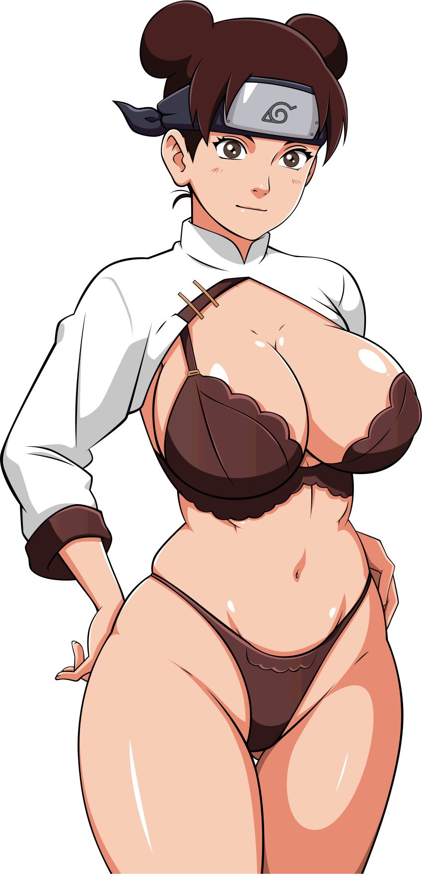 1girls ale-mangekyo big_breasts blush bottomless bottomless_female bra breasts brown_eyes brown_hair busty child_bearing_hips chinese_clothes cleavage double_bun female female_only hand_on_hip headband hourglass_figure huge_breasts konohagakure_symbol legs_together looking_at_viewer mostly_nude naruto naruto_(series) naruto_shippuden navel open_clothes open_shirt panties partially_clothed pose posing sensual shirt smile tenten thick_thighs thighs twin_buns underwear voluptuous wide_hips