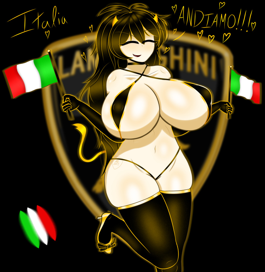 4k almost_naked armwear ass black_hair blurry_background breasts breasts_bigger_than_head bull busty character_request choker closed_eyes excited flag gold gold_(metal) gothtrishy heart hi_res high_heels highres holding_object horn horns horny horny_female huge_breasts italian italian_female italian_flag italian_text lamborghini legwear long_hair lucia_(oc) messy_hair micro_bikini milkers oc open_mouth original original_character proud shiny shiny_breasts shiny_clothes shiny_hair shiny_skin squish squished_breasts squishy tail tattoo text thick_ass thick_thighs thighhighs thighs