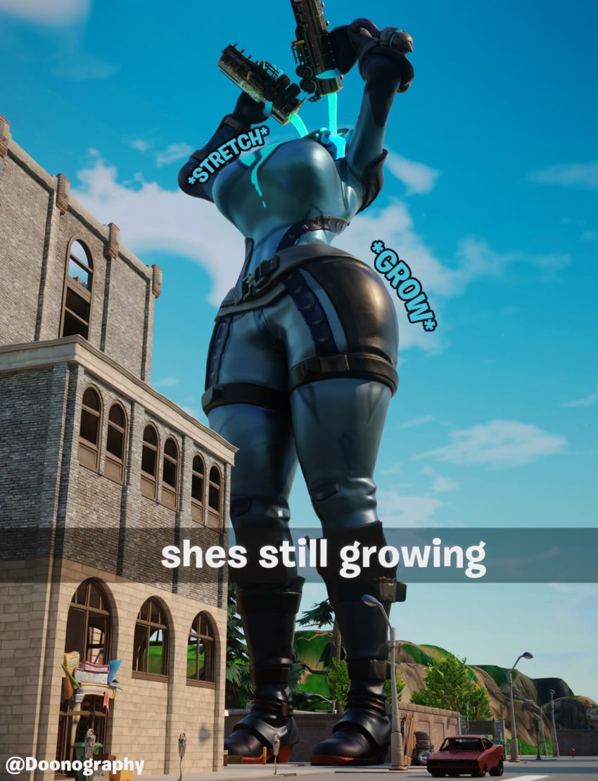 1girls 3d bigger_female comic doonography female female_only fortnite fortnite:_battle_royale giantess giantess-fan-comics growth slurpentine tagme text watermark