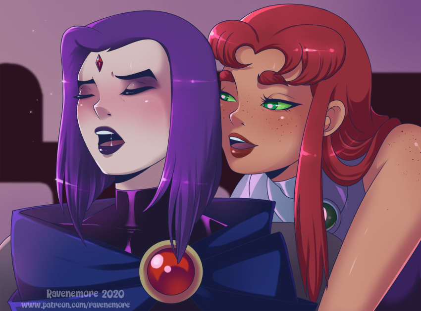 2020 2girls clothed dc dc_comics eyeshadow female female_only forehead_jewel freckles green_eyes green_sclera hi_res implied_fingering lipstick long_hair looking_pleasured medium_hair orange_skin pale_skin purple_hair purple_lipstick rachel_roth raven_(dc) ravenemore red_hair red_lipstick redraw saliva seductive_look sexually_suggestive starfire teen_titans yuri