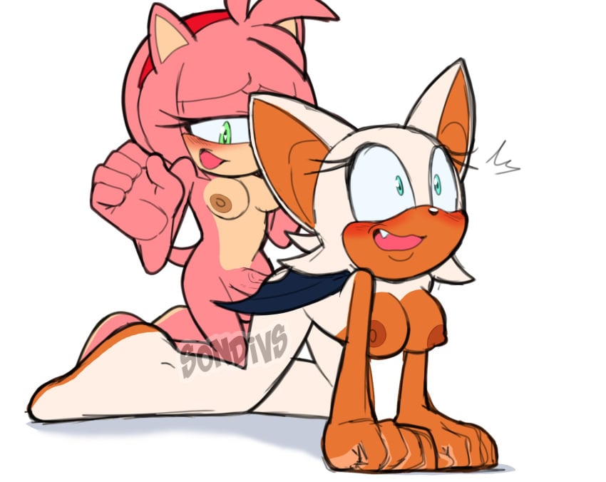 1futa 1girls all_fours amy_rose anthro balls bent_over big_breasts blush breasts brown_nipples feet female flushed_face furry futa_on_female futanari hairband kneeling missionary_position naked nude penis pleasure_face rouge_the_bat somedivs sonic_(series) suprise_sex wings