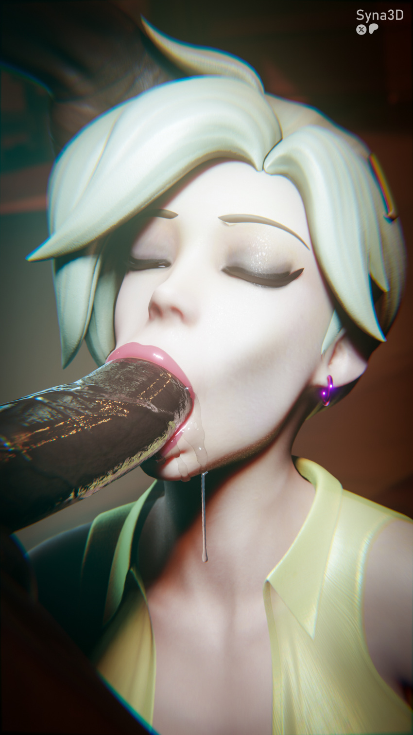 1boy 1girls 3d angela_ziegler blizzard_entertainment blonde_hair blowjob dark-skinned_male eyes_closed fellatio hand_on_head interracial light-skined_female mercy oral overwatch overwatch_2 saliva_drip saliva_string straight syna