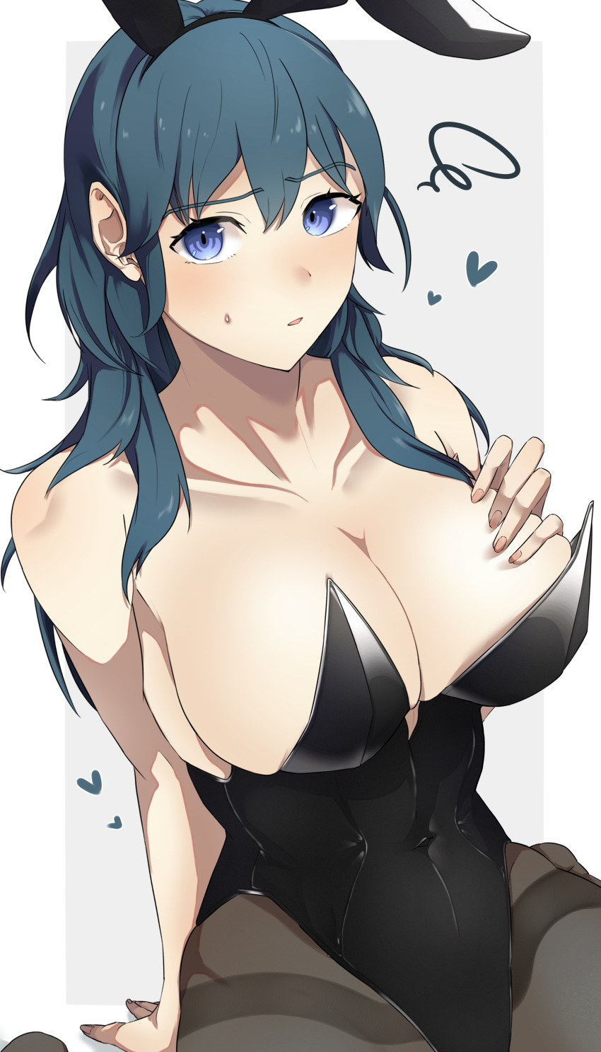 1girls alternate_costume blue_eyes breasts bunny_ears bunny_girl bunnysuit byleth_(fire_emblem) byleth_(fire_emblem)_(female) cleavage female female_only fire_emblem fire_emblem:_three_houses large_breasts looking_at_viewer nintendo shikohatsu solo sweat teal_hair