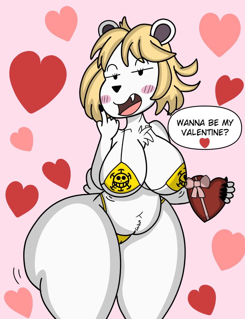 absurd_res anthro bear bepo big_breasts bikini blonde_hair blush blush_stickers bow_ribbon breasts chest_tuft clothing crackalacking curvy_female curvy_figure fangs female female_only hair hashidoodle heart_background heart_symbol hi_res holidays huge_breasts jiggling looking_at_viewer mammal navel one_piece polar_bear rule_63 seductive seductive_look slightly_chubby solo speech_bubble swimwear talking_to_viewer teeth text thick_thighs tuft ursine valentine's_day voluptuous voluptuous_female wide_hips yellow_bikini