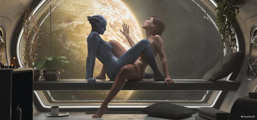 2girls 3d alien alien_girl asari barefoot blue_skin feet female_only femshep interspecies interspecies_yuri koelet3d lesbian_sex liara_t'soni mass_effect pussy scissoring space toes tribadism yuri