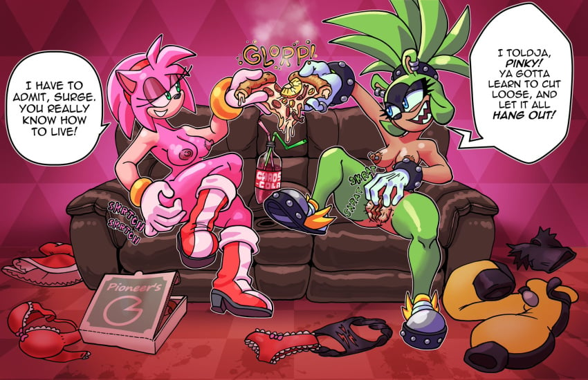 2girls amy_rose anus bra breasts butt_scratch casual clothes_on_floor couch dialogue dress drink exposed_torso female food footwear hairy_pussy handwear itching mostly_nude multiple_girls nudist panties pants pineapple_on_pizza?! pizza pussy scratching sega shirt soda sonic_(series) sonic_the_hedgehog_(comics) speech_bubble surge_the_tenrec yellowjackinit