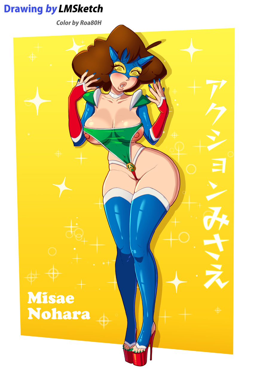 action_kamen big_breasts brown_hair choker colored_nails cosplay crayon_shin-chan gloves high_heels huge_breasts legoman mask misae_nohara nipples roa80h