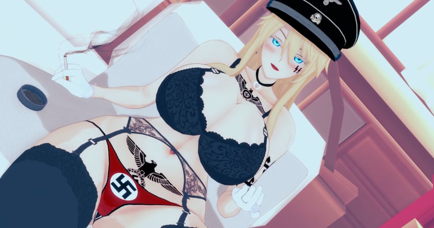 artoria_pendragon artoria_pendragon_(lancer) big_breasts bleachedartoria blonde_hair blue_eyes bra cigarette fate/grand_order fate_(series) hat koikatsu lipstick looking_at_viewer nazi swastika