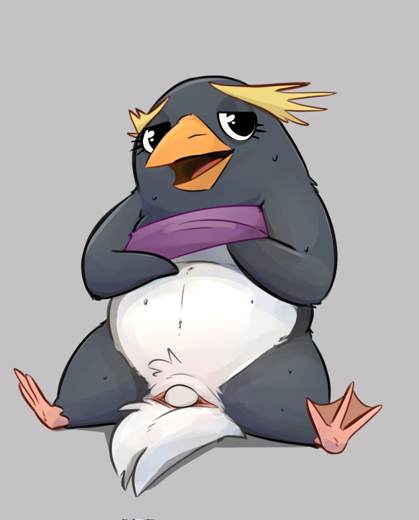 anthro anus avian beak bird bodily_fluids clothed clothing clothing_lift egg egg_laying female feral flippers fur hi_res honeymono looking_at_viewer narrowed_eyes nippleless open_mouth partially_clothed penguin presenting semi-anthro simple_background sitting slit solo sweat sweatdrop