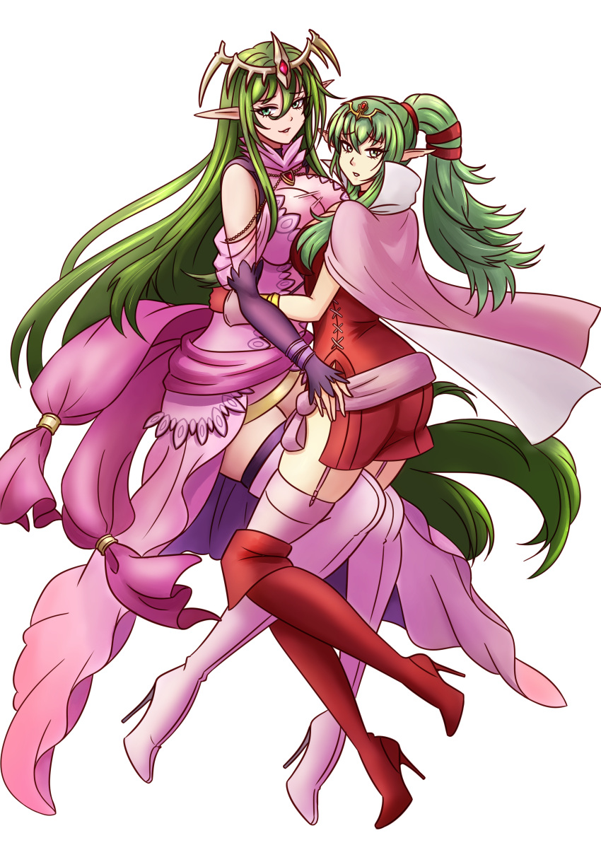 2girls ass ass_in_dress asymmetrical_docking bare_thighs big_ass boots breast_press breasts cape cleavage dress female female_only fire_emblem fire_emblem_awakening frown garter_straps gloves green_eyes green_hair high_heels large_breasts long_hair looking_at_viewer looking_back medium_breasts multiple_girls nagi_(fire_emblem) nintendo pelvic_curtain pointy_ears ponytail skindentation smile thick_thighs thigh_boots thighs tiki_(adult)_(fire_emblem) tiki_(fire_emblem) very_long_hair white_background will_(willanator93) willanator