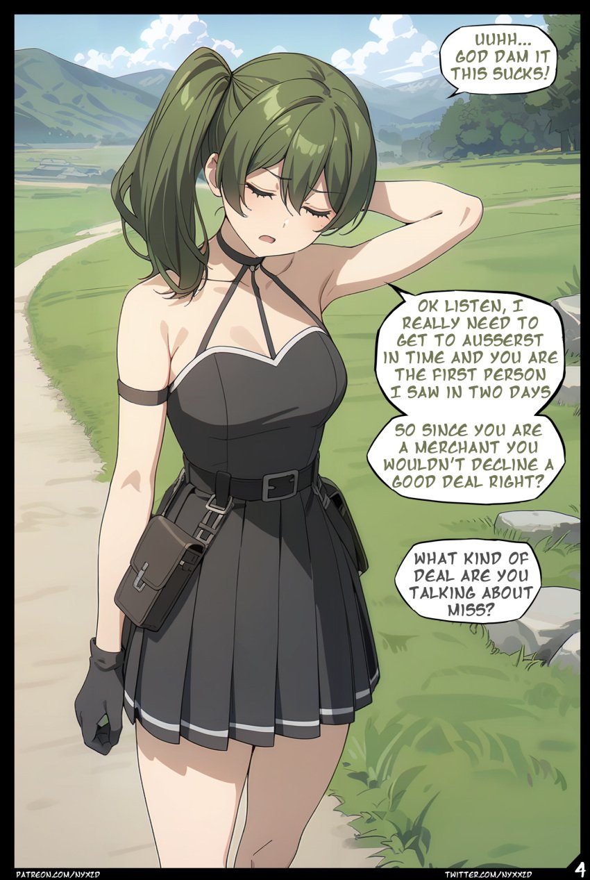 1girls ai_generated black_dress black_panties comic dress english_text gloves green_hair nyxworks page_4 page_number pleated_skirt scenery sousou_no_frieren standing ubel_(sousou_no_frieren) violet_eyes