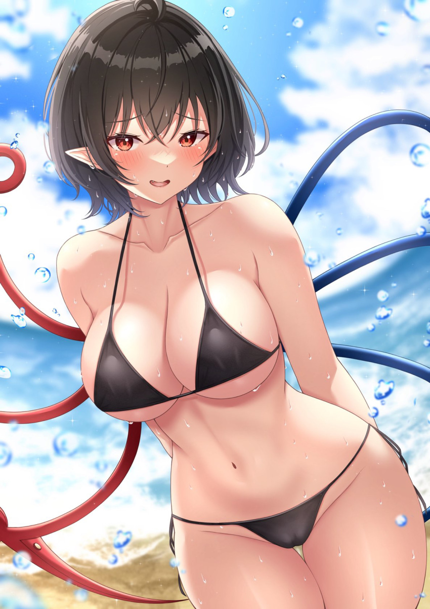 ahoge asymmetrical_wings beach bikini black_bikini black_hair blue_wings blush breasts collarbone cowboy_shot female groin highres houjuu_nue large_breasts navel nue_houjuu ocean oerba_yun_fang open_mouth pointy_ears red_eyes red_wings reijing_etrn short_hair solo swimsuit touhou wet wings