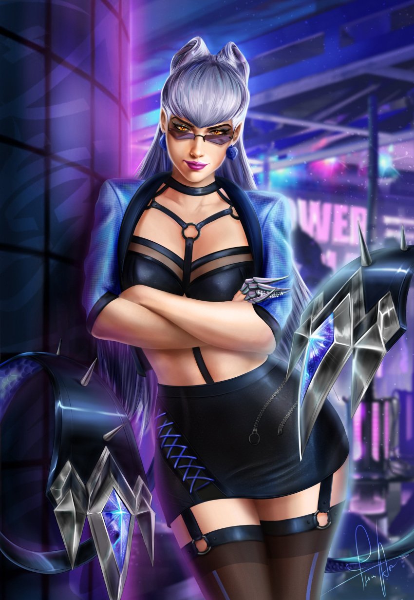 1girls evelynn female female_focus female_only fl1cs k/da_all_out_evelynn k/da_all_out_series league_of_legends looking_over_eyewear looking_over_glasses looking_over_sunglasses purple-tinted_eyewear sunglasses tinted_eyewear