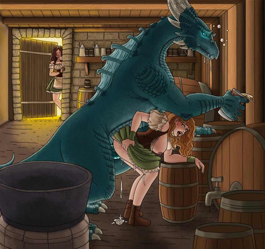 1boy 2girls alcohol anthro_on_female anthro_on_human anthro_penetrating anthro_penetrating_female anthro_penetrating_human ass barmaid barrel bent_over bent_over_barrel big_dom_small_sub blonde_hair blue_eyes blush breasts brown_hair brown_legwear caught_in_the_act clothed_sex clothing cum cum_in_pussy cum_inside demeterservant dracophilia dragon dragon_cock dress dress_lift drunk female feral_on_female feral_on_human from_behind from_behind_position green_skirt human human_penetrated interspecies larger_male long_hair male nipples open_mouth original penetration penis reptile rolling_eyes scalie sex shirt size_difference skirt skirt_lift smaller_female spread_legs tavern_wench vaginal_penetration voyeur walk-in watching white_shirt zoophilia