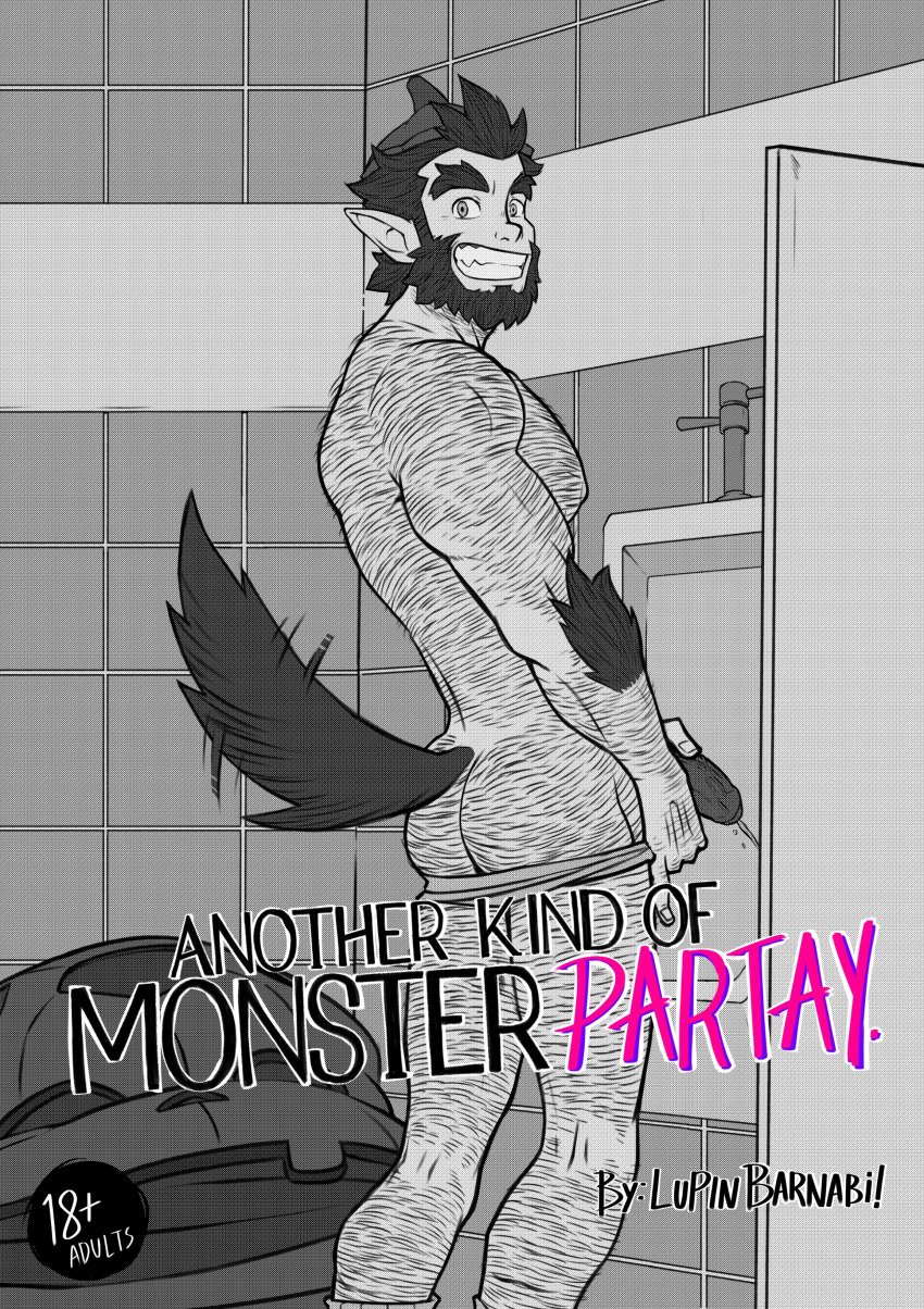 1boy absurdres animal_ears artist_name ass back_hair bara bathroom beard body_fur body_hair cover cover_page doujin_cover facial_hair feet_out_of_frame flaccid flaccid_penis fluffy_tail foreskin from_side full_beard greyscale grin hairy_male highres huge_eyebrows humanoid intact looking_at_viewer lupin_barnabi male male_only mature_male monochrome monster_prom muscles muscular_male nipple_hair partially_retracted_foreskin pecs pectorals peeing penis pointy_ears presenting_ass scott_howl smile solo standing tail tail_wagging thick_arm_hair thick_ass_hair thick_beard thick_chest_hair thick_leg_hair toilet_use uncut veiny_penis very_hairy werewolf wolf_boy wolf_ears wolf_tail