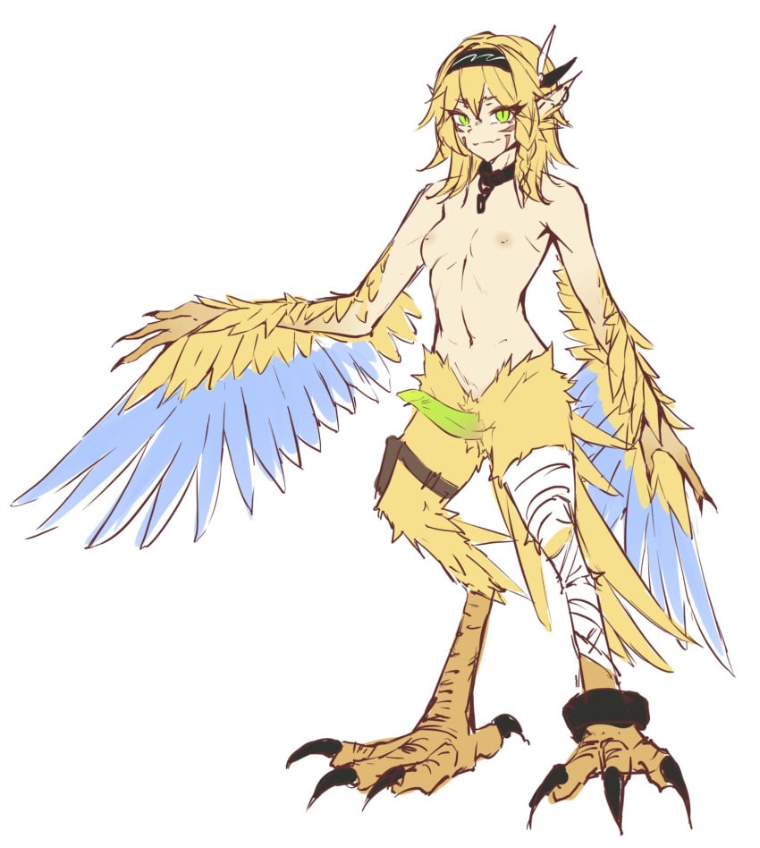 1futa accessories_only accessory animal_genitalia animal_penis areolae avian avian_feet avian_humanoid avian_legs bandage bandaged_leg bandages bird_feet bird_girl bird_legs blonde_hair blue_feathers bottomless braid breasts broad_shoulders chain_leash choker choker_chain clawed_feet claws digital_drawing_(artwork) digital_media_(artwork) dokibird elf_ears erection eyebrows eyebrows_visible_through_hair eyelashes eyelashes_visible_through_hair feathers flat_belly flat_chest flesh_fang futa_only futa_sans_balls futanari green_eyes green_penis grin hair_ornament hairband harpy humanoid indie_virtual_youtuber joints light-skinned_futanari light_skin looking_at_viewer markings medium_penis monster_girl nipples nude penis ricegnat sharp_claws sharp_fingernails sharp_nails shoulder_length_hair single_braid slave small_breasts smile smug smug_face smug_grin solo standing thin thin_waist topless virtual_youtuber white_background winged_arms winged_humanoid wings yellow_feathers yellow_fur yellow_hair