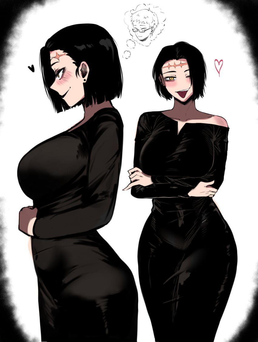 black_hair bob_cut color color_edit colorized curvy curvy_body curvy_female curvy_figure curvy_hips dress itadori_jin itadori_kaori jujutsu_kaisen kenjaku masoq095 naughty_face naughty_smile scar seductive seductive_eyes seductive_look seductive_smile short_hair smiling smiling_at_viewer tongue tongue_out