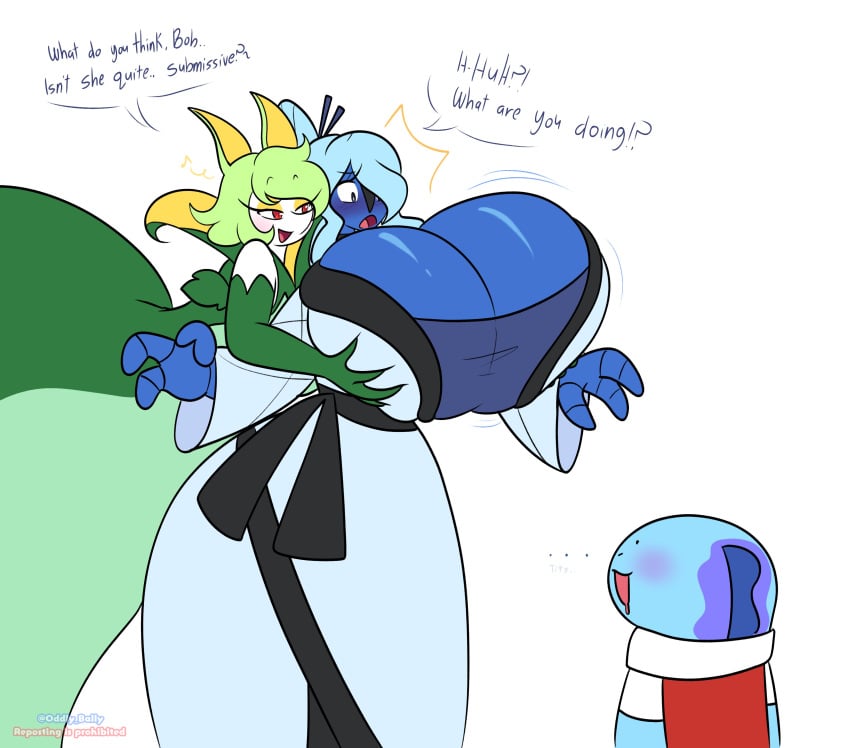 2girls aster_(oddly_bally) big_ass big_breasts breast_grab breast_squeeze breasts_bigger_than_head embarrassed_female huge_ass huge_breasts massive_breasts multiple_girls oddly_bally pokémon_(species) pokemon sawk serperior smaller_male teasing