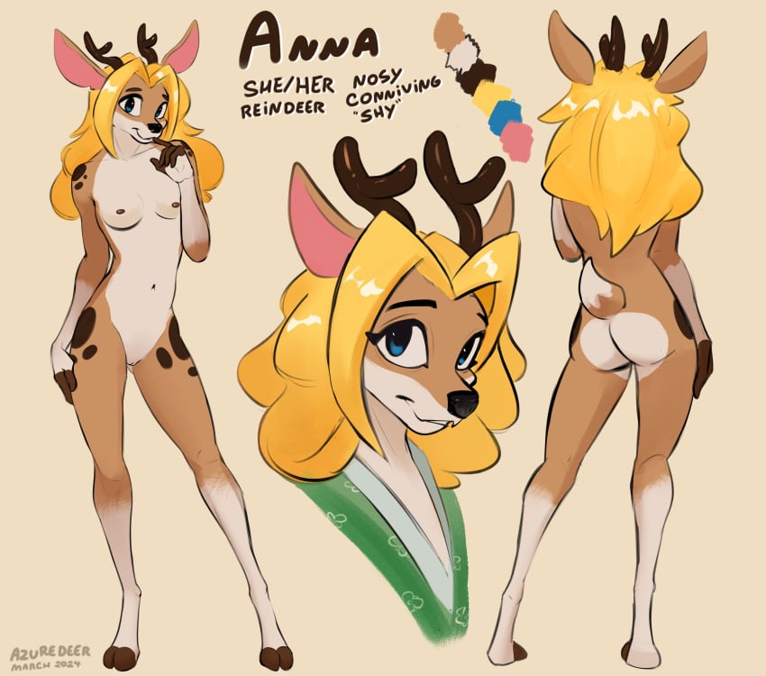 absurd_res anthro antlers ass azuredeer blonde_hair blue_eyes breasts brown_body brown_fur cloven_hooves deer female front_view fur genitals hair hi_res hooves horn looking_at_viewer mammal model_sheet new_world_deer nude pussy reindeer short_tail small_breasts smile solo standing tail