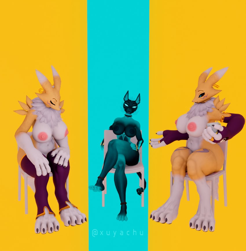 anthro bandai_namco breasts canid canid_demon canine canis cerberus_(fortnite) demon digimon digimon_(species) epic_games female fortnite fur group hair hellhound hi_res mammal mythological_canine mythological_creature mythology nintendo nipples nude pokemon renamon renamon_(dogzeela) simple_background smile tail taomon taomon_(dogzeela) trio xuyachu