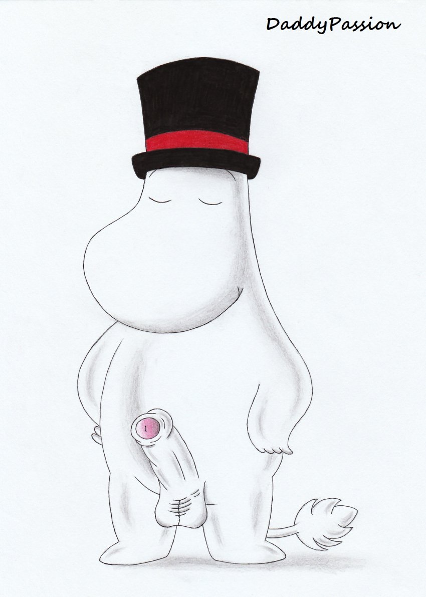 anthro balls closed_eyes clothing daddypassion erection foreskin genitals hat headgear headwear hi_res humanoid humanoid_genitalia male male_only moomin moominpappa moomintroll nude penis presenting_balls simple_background smile solo standing_position tail the_moomins