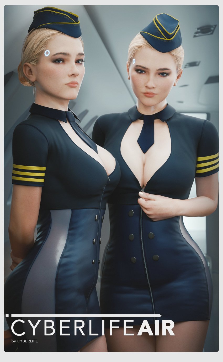 2girls 3d 3d_(artwork) airplane airplane_interior android blonde_female blonde_hair blonde_hair chloe_(detroit:_become_human) detroit:_become_human female female_only fugtrup light-skinned_female light_skin looking_at_viewer stewardess stewardess_uniform