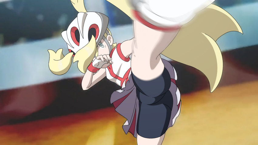 1girls arm_up armpit_peek ass athletic_female bike_shorts bike_shorts_under_skirt blonde_hair blue_eyes breasts cameltoe covering_mouth fingerless_gloves flexible gloves hair_over_one_eye helmet high_kick highres kicking korrina_(pokemon) legs long_hair looking_at_viewer nintendo pokemon pokemon_xy sensual skirt sleeveless small_breasts thighs very_long_hair