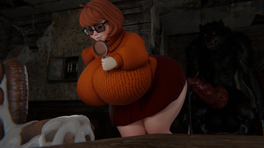 3d alternate_breast_size animal_genitalia anthro breasts_bigger_than_head canine_penis furry furry_male huge_breasts human human_female hyper hyper_breasts hyper_penis imminent_sex interspecies knyaz light-skinned_female light_skin monster scooby-doo velma_dinkley werewolf