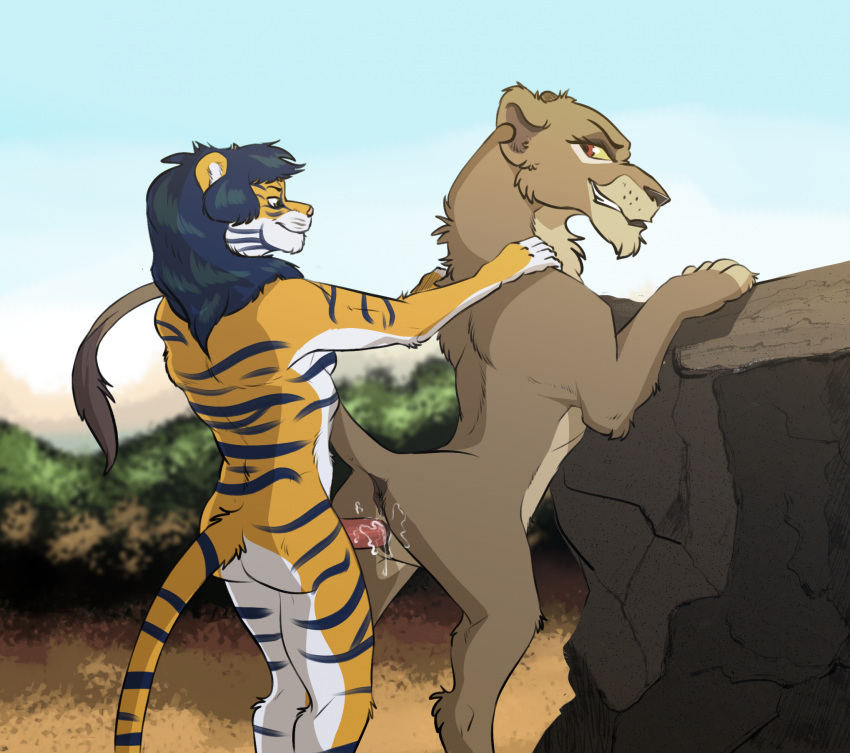 anthro ball bethesda_softworks blue_hair bodily_fluids cum disney duo felid female female_feral feral fur genital_fluids hair hi_res hybrid khajiit kovu_muabdib liger lion male male/female mammal pantherine penetration the_elder_scrolls the_lion_king tiger vaginal_penetration yellow_body yellow_fur zafara_(artist)