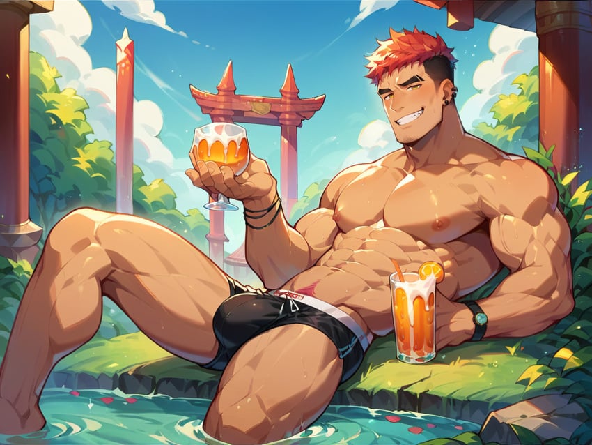 ai_generated bara bara_tiddies bara_tits bracelet bulge cum_drip drinking_cum drinking_glass ear_piercing gay gay_male guzzle hotsprings jock_slut jockstrap male_only muscular_arms muscular_legs muscular_male muscular_thighs perversion pervert_male spaceemperor32089 sweaty sweaty_body temple