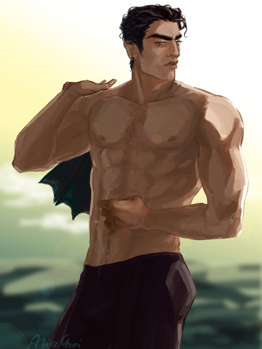 1boy black_hair jojo's_bizarre_adventure jotaro_kujo lisachoi male_focus male_only muscular_male pecs shirtless shirtless_male solo_male stardust_crusaders