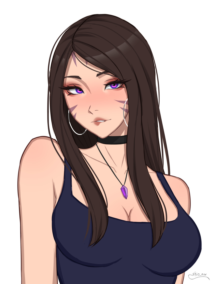 1girls choker dark_hair female female_focus female_only hoop_earrings jewelry kai'sa league_of_legends lip_bite long_hair shio_aw violet_eyes whisker_markings