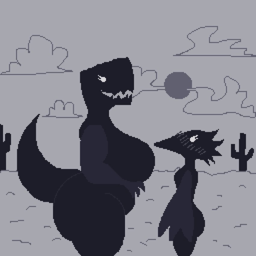 beak big_breasts big_thighs bird black_body black_skin blush cactus claws desert dinosaur dinosaur_(google_chrome) female flustered google google_chrome huge_breasts meme no_sex pterodactyl pterodactyl_(google_chrome) sharp_teeth soxforkobolds standing sun tail wings