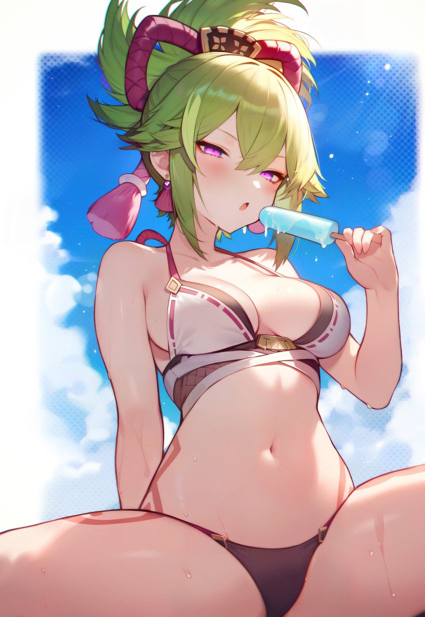 1girls bikini blush clouds day diffirresponsibly female female_focus female_only front_view genshin_impact green_hair highres holding_ice_cream hoyoverse ice_cream kuki_shinobu light-skinned_female light_skin looking_at_viewer mihoyo open_legs ponytail purple_eyes short_ponytail solo solo_female summer swimsuit tattoos thong thong_bikini wet wet_body