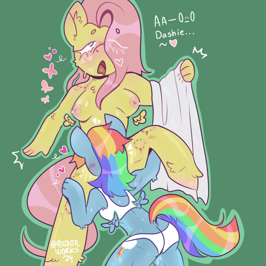 anthro axolotllurks axolotlworks breasts duo english_text equid equine female female/female fluttershy_(mlp) friendship_is_magic hasbro hi_res horse humanoid lesbian_couple locker_room mammal my_little_pony nipples pony public public_nudity public_sex rainbow_dash_(mlp) sex text