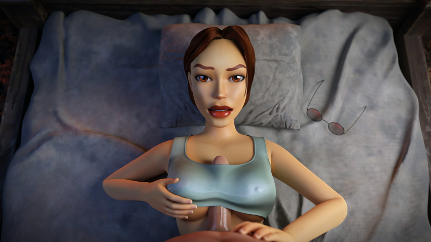 3d alicecry big_breasts breasts brown_eyes brown_hair busty crop_top erect_nipples female female_focus lara_croft lara_croft_(classic) lipstick makeup male_pov nipple_bulge paizuri penis_under_clothes pov tagme tomb_raider underboob