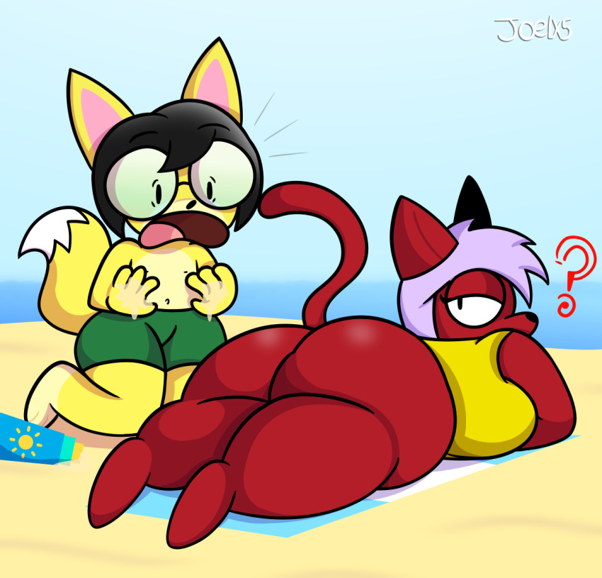 ? ass beach beach_towel bubble_butt canid canine domestic_cat felid feline felis fox gatinula_(joelbrunox5) glasses green_shorts huge_ass joelbrunox5 mammal presenting_hindquarters red_fur shorts surprised yellow_fur