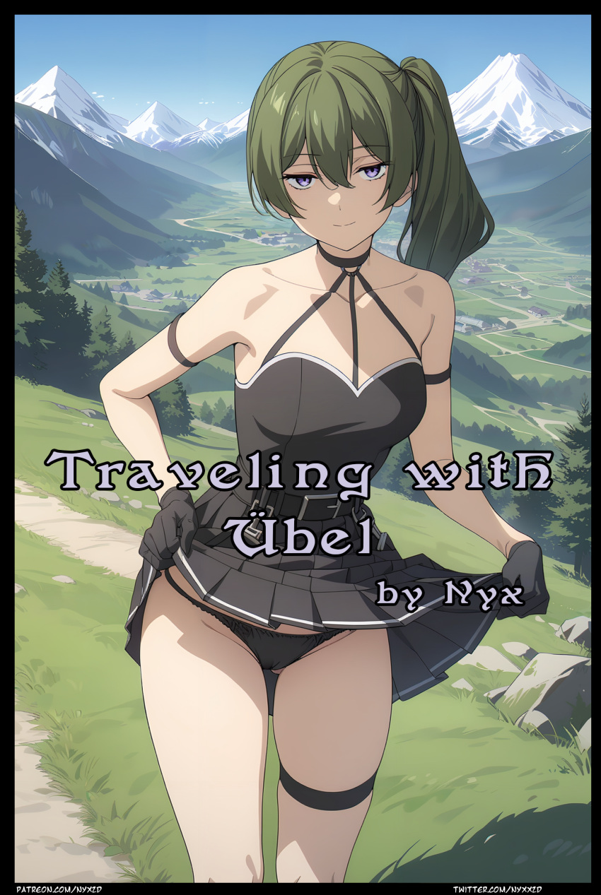 ai_generated black_dress black_panties comic cover_page dress_lift fron_view gloves green_hair looking_at_viewer nyxworks patreon_username scenery skirt_lift sousou_no_frieren standing thigh_strap twitter_username ubel_(sousou_no_frieren) valley violet_eyes