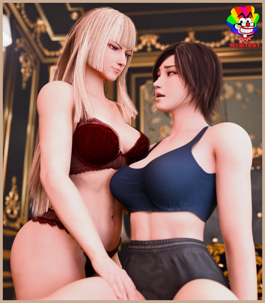 2girls 3d alternate_version_available emilie_de_rochefort female female_only kazama_asuka lingerie namco slymyguy tagme tekken tekken_tag_tournament_2 underwear yuri