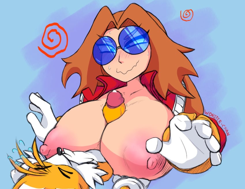 blue-tinted_eyewear dr._eggma’am embarrassed huge_breasts huge_cock paizuri rule_63 sonic_(series) sunglasses tails tinted_eyewear wonster-chan