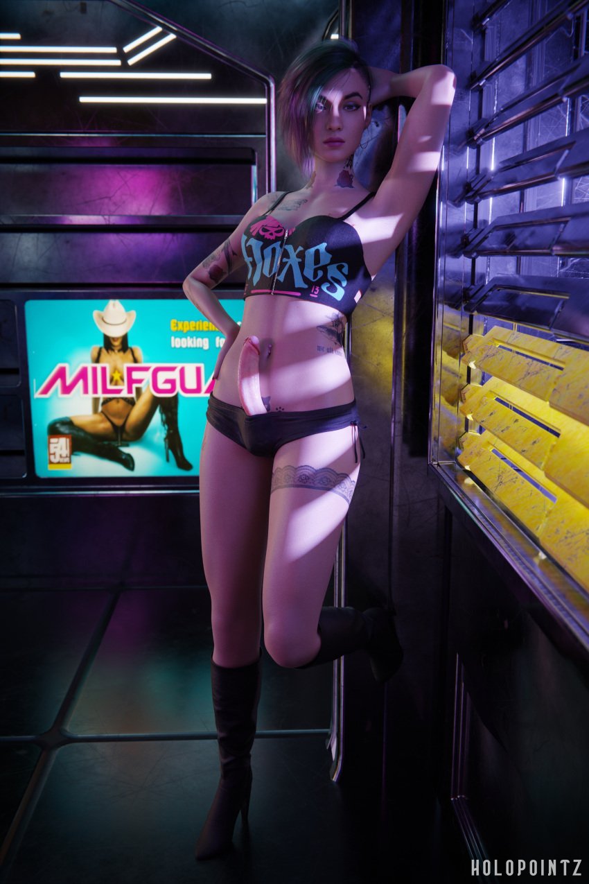 1futa 3d 4k artist_name brazier cyberpunk_2077 erection erection_under_clothes futa_only futanari green_hair high_heel_boots high_heels holopointz judy_alvarez leaning leaning_back leather_boots leather_clothing light-skinned_female looking_at_viewer micro_shorts penis penis_out purple_hair solo solo_focus solo_futa sports_bra tattoo