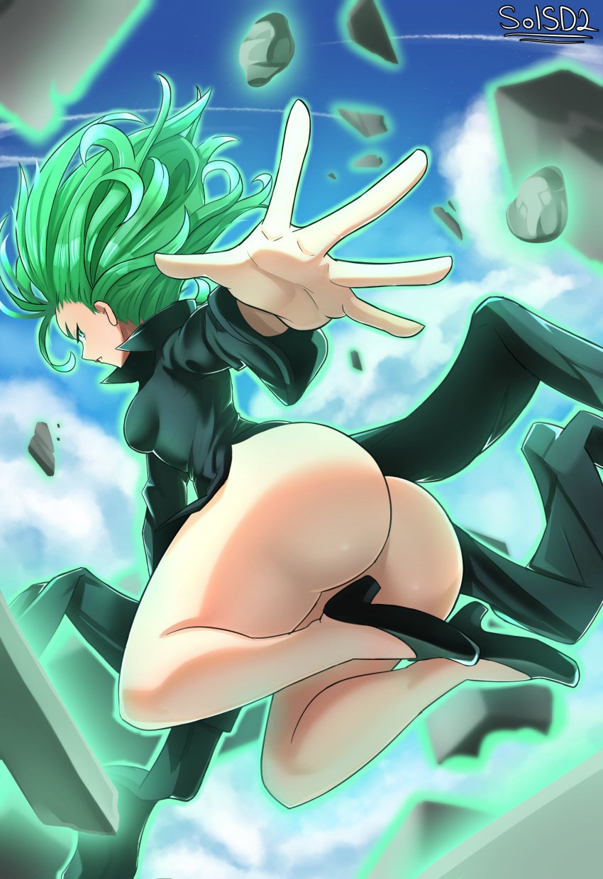 1girls ass big_ass bottomless dat_ass female female_only green_eyes green_hair huge_ass one-punch_man short_hair sol-sama_d2 solo tatsumaki telekinesis thick_thighs thighs