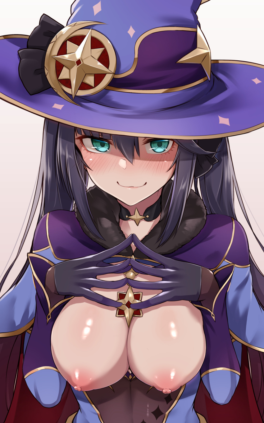 blush breasts breasts_out female genshin_impact gloves green_eyes hat hirno hiruno long_hair mona_(genshin_impact) nipples smile solo witch_hat