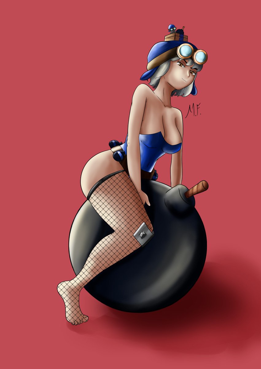 big_breasts bomb bomber_(clash) bomber_tower_(clash_royale) bunnysuit clash_(series) clash_royale clothed clothed_female clothing fanart feet female fishnet fishnet_legwear fishnets fully_clothed fully_clothed_female goggles goggles_on_head looking_at_viewer muertefake skeleton