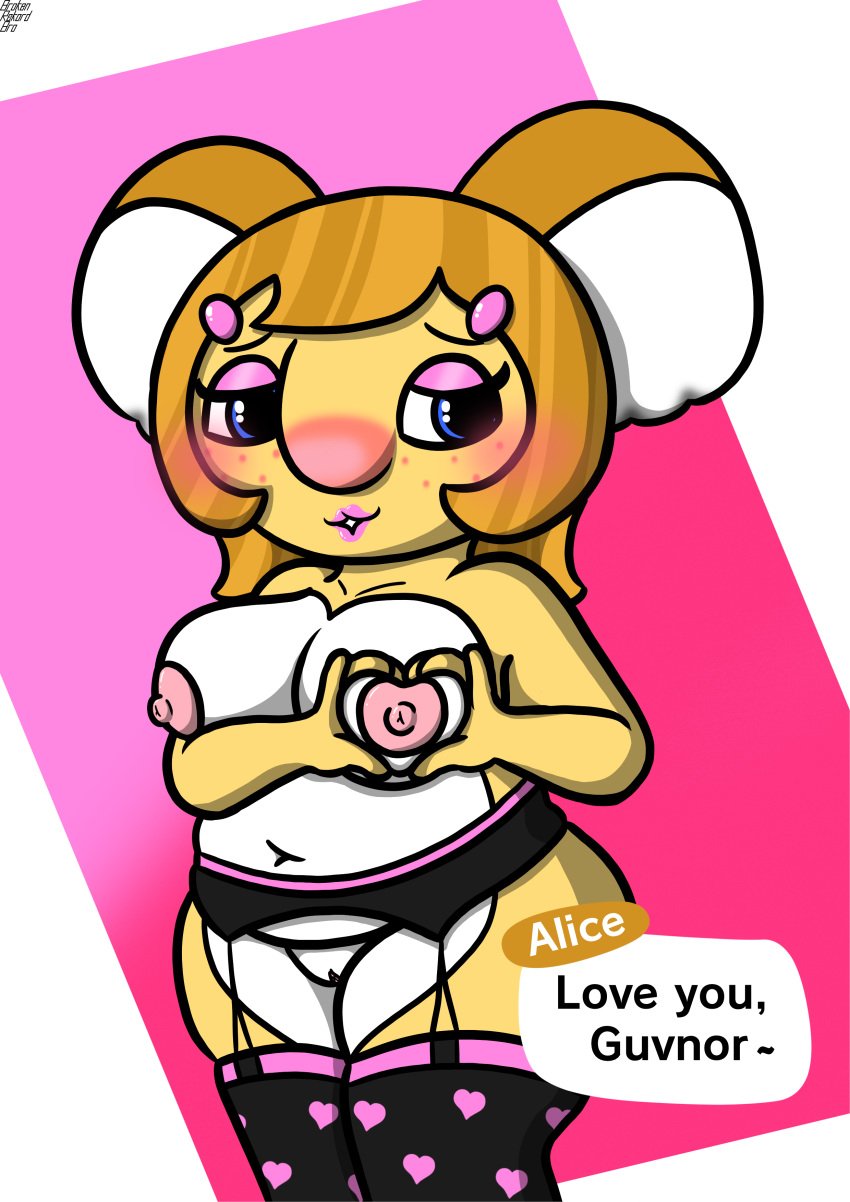 2022 alice_(animal_crossing) animal_crossing big_ears blue_eyes boob_heart breasts brokenrekordbro brown_hair dialogue eyelashes eyeshadow freckles garter_belt garter_straps hairclip heart-shaped_boob_challenge hi_res koala lingerie lipstick mammal_humanoid nintendo nipples puckered_lips pussy slightly_chubby stockings text_bubble thighhighs two_tone_fur