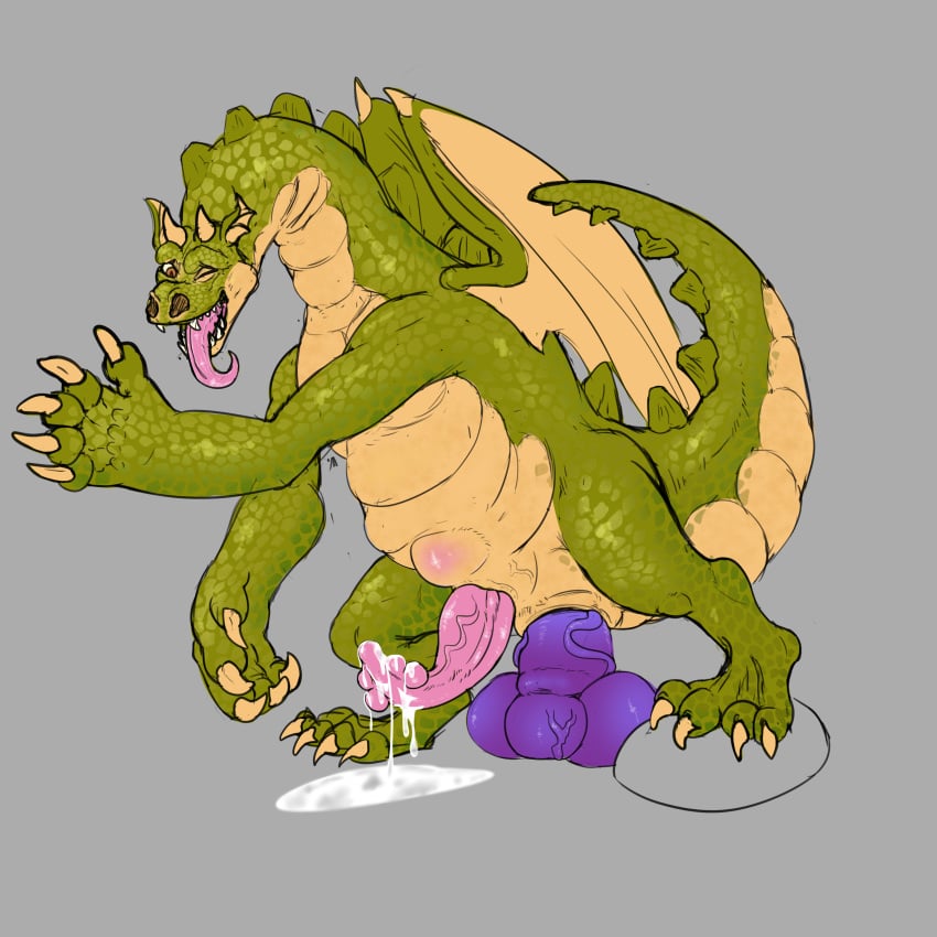 1:1 absurd_res bodily_fluids cum cum_on_ground dildo dragon dragon_(jane_and_the_dragon) furry genital_fluids genitals green_body green_scales hi_res horn jane_and_the_dragon knot kyain male penis scales sex sex_toy slightly_chubby solo solo_male standing standing_sex stomach_bulge unusual_anatomy unusual_genitalia wings