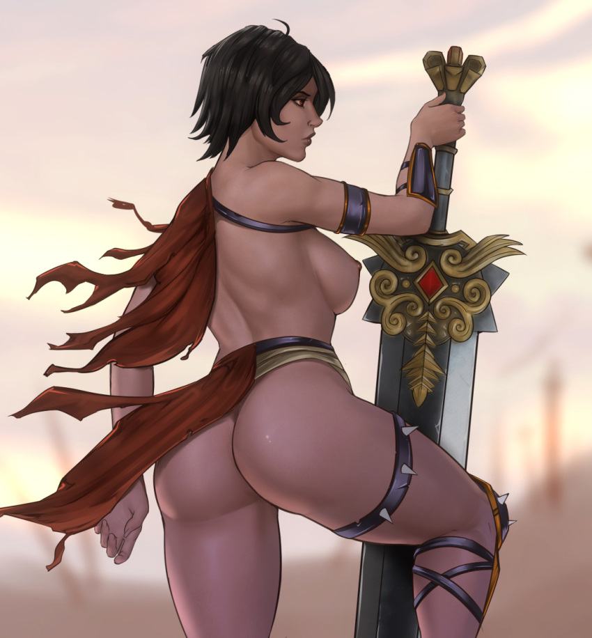 1girls areola ass bellona bellona_(smite) black_hair breasts deity female female_only freli goddess nipples nude roman_mythology short_hair smite sword weapon